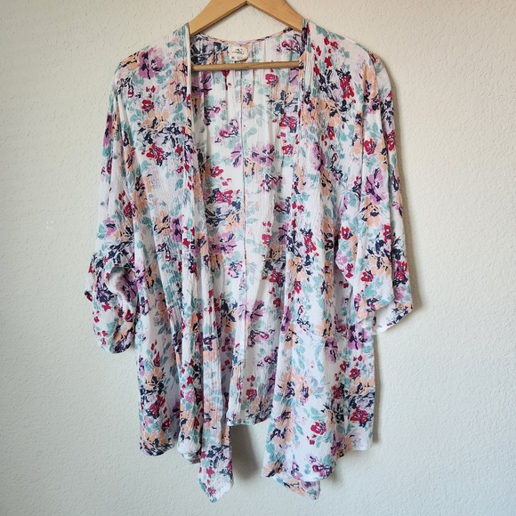 O'Neill Multi Colored Floral Crinkle Open Front Blouse 3/4 Sleeve, Size M/L - Picture 1 of 5